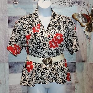 Oscar de la Renta Sz 12 Vintage Black White Red Floral Nerdy Blouse GrannyCore
